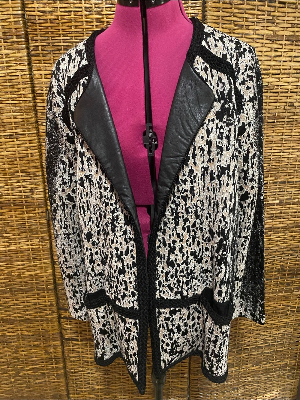 NWOT ZOZO Black & GOLD Textured Open-Front Coatigan with FAUX Leather Trim L
